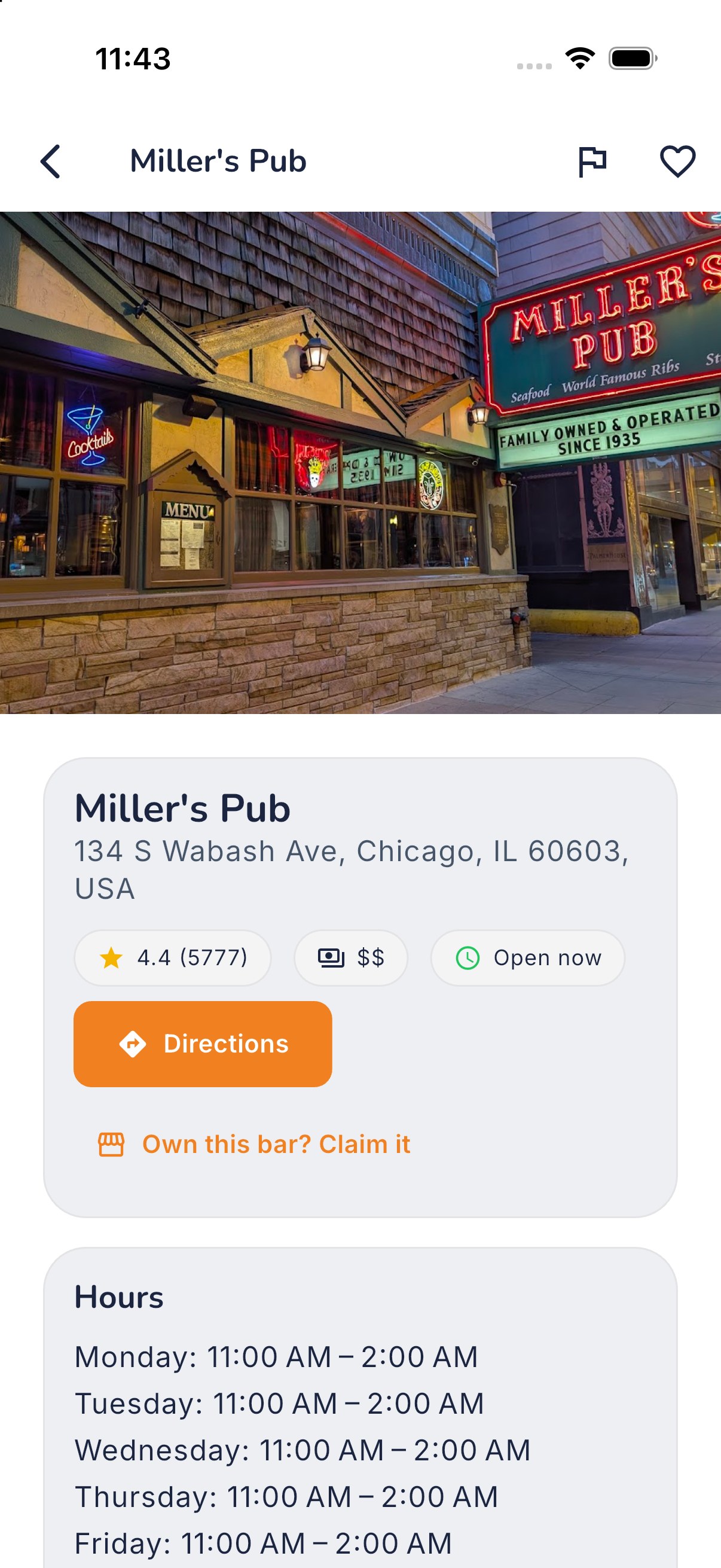 A real bar detail page in the BarCrawl app